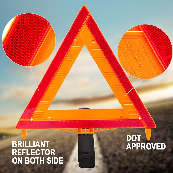 3PK DOT Approved Foldable Road Safety Warning Triangles | Heavy weighted anti-tip base, high visibility reflect panels, fully compliant with US FMVSS 571.125 roadside safety rules