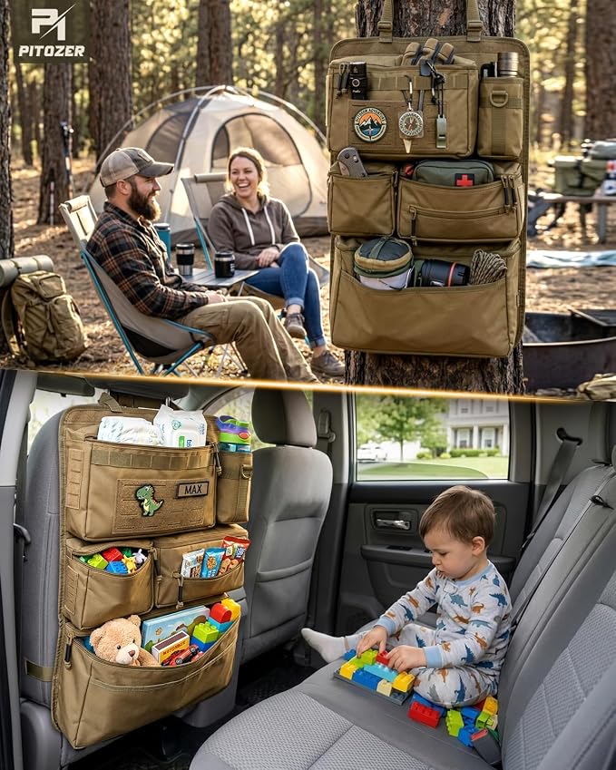All in One Car Seat Back Organizer Fit Most Cars SUV Trucks Jeeps | Heavy Duty Molle Panel Seat Back Protector with Multi-Pockets Storage, for Tools, Toys, Camping, Travel, Daily Commuting