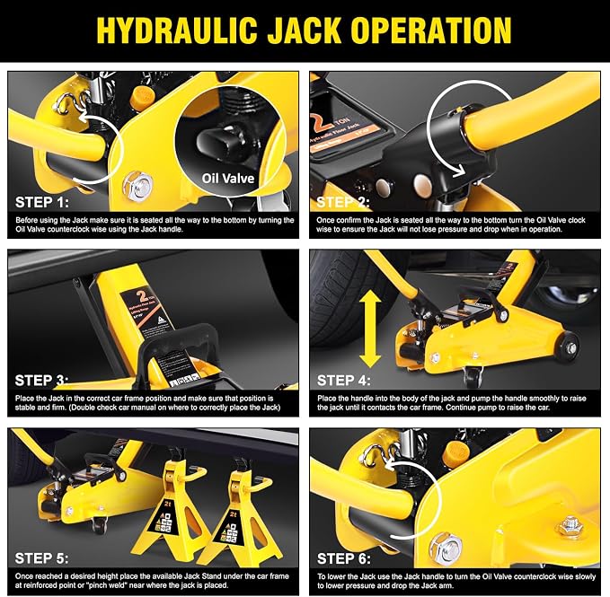 DNA Motoring 2 Ton Car Jack and Stands Kit 2T(4000 lbs) Capacity Low Profile Hydraulic Trolley Service/Floor Jack with 2 Ratchet Stands Combo for Home Garage Shop, Yellow, TOOLS-00476-YL