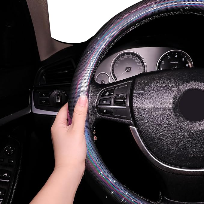 Bling Steering Wheel Cover, Bling Crystal Rhinestone Car Steering Cover Universal 14.2-15.3 inch Glitter Car Wheel Cover Sparkling Accessories （Black）