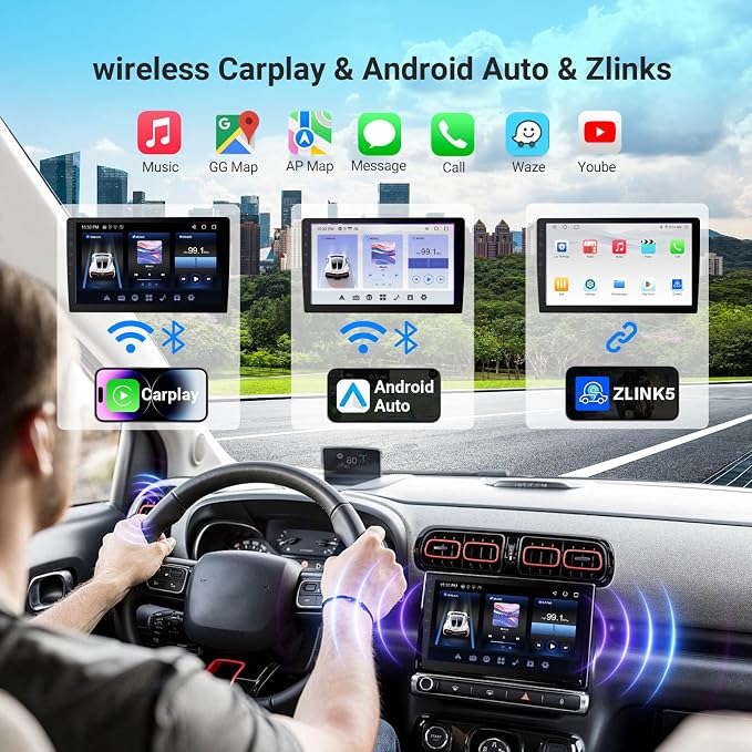 10.1 Inch Double DIN Car Stereo, Android 13 Radio with 4GB+64GB, Wireless Apple CarPlay & Android Auto, 720P Touchscreen, GPS, WiFi, Bluetooth 5.1, Backup Camera