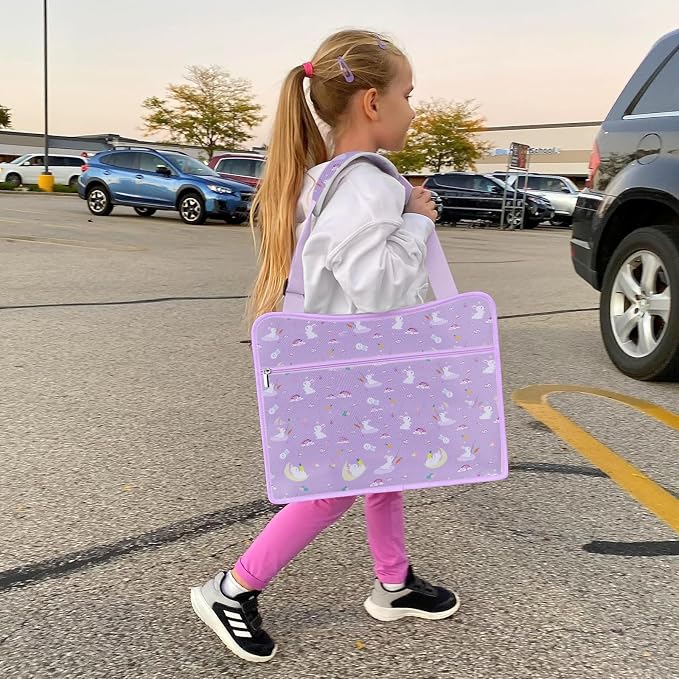 Kids Travel Tray for Car Seat, Road Trip Essentials Kids Lap Tray | Toddler Gift for Girl Activities with Dry Erase Board, No-Drop iPad Holder Stand, Cup Holder & Adjustable Strap, Purple