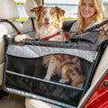 Dog Car Seat for Large Medium Dogs | Waterproof Dog Seat Cover for Back Seat with Hard Bottom | Alloy Twist-Lock Rods | 3 Mesh Windows | Removable Fleece Mat | Cars, SUVs, Trucks (Grey)