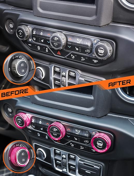 HVAC Climate Control Panel Knob Trim Kit & Light Control Switch Cover, Air Conditioner Knob Aluminum Alloy Ring for 2018-2024 Jeep Wrangler JL JLU & Gladiator JT, Interior Accessories, Pink