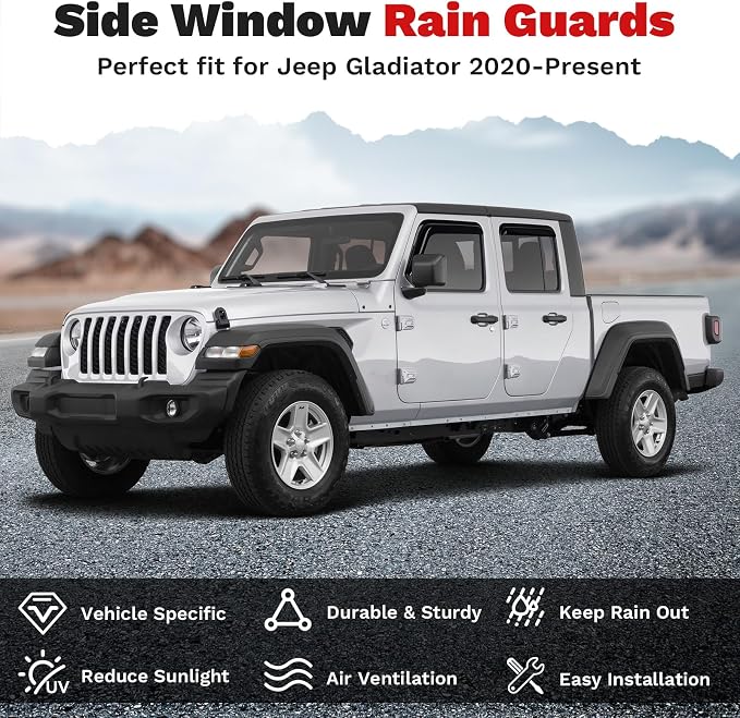 Window Visors Rain Guards for 2020-2025 2026 Jeep Gladiator Accessories, Outside-Mount Tape-On Side Window Wind Deflectors Vent Visors Shades Rainproof Black 4PCS