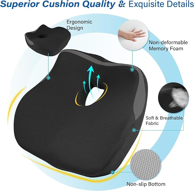 Car Seat Cushion for Driving, Car Seat Pillow for Short Drivers | Ergonomic Memory Foam Seat Cushion for Pain Relief, Adult Booster Seat for Car, Butt Cushion for Car, Truck, Classic Black