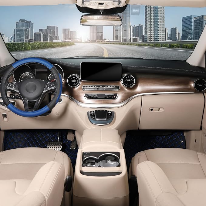 Car Steering Wheel Cover Universal Standard Size 14.5-15 inch, Black and Blue Microfiber Leather