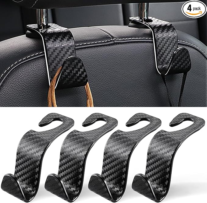 Car Purse Hook, 4 Pack Universal Auto Seat Headrest Hook Hangers Organizer for Coats, Umbrellas, Groceries - Carbon Fiber Black | Universal