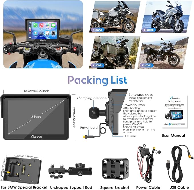 Carpuride W502B Pro for B.M W Motorcycle CarPlay & Android Auto & Dual Bluetooth, 5" Waterproof GPS Navigation Screen for Motorbike, Music Sharing, Intercom, EQ, Light Sensor, Compass, Barometer