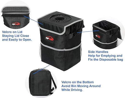 Waterproof Car Trash Can with Lid and Pockets, 2.5 Gal, Black | Leakproof, Collapsible Multipurpose Car Bin with 3 Side Storage Pockets, Adjustable Straps