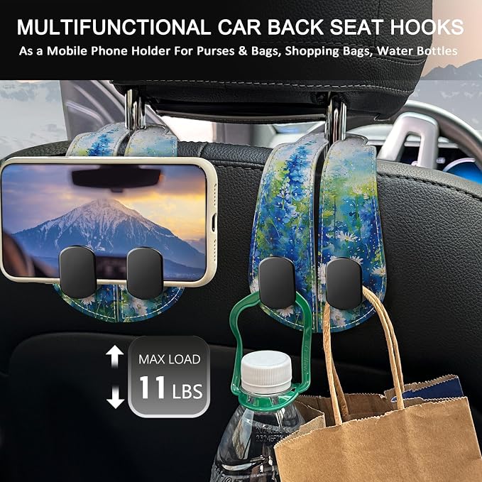 2PCS Car Seat Back Storage Headrest Hooks, Floral Blue Purse Holder Bags Hanger, PU Leather Double Metal Hook for Backseat Organizer, Women Car Accessories Organization