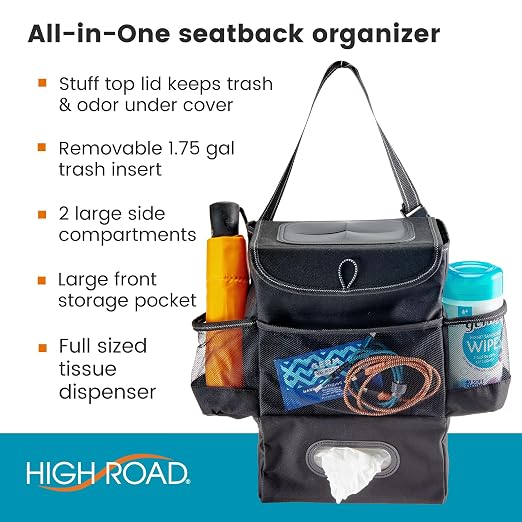 StashAway Car Trash Can with Tissue Holder - Car Organizer with Trash Can, Tissue Dispenser and 3 Storage Pockets for Bottles, Flasks, Wipes and Driving Essentials