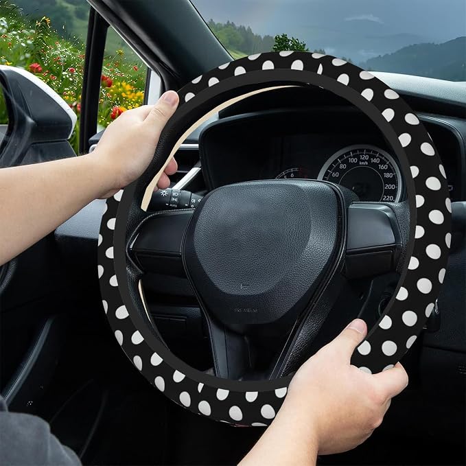 White Polka Dots Steering Wheel Covers Universal 15 Inch Car Wheel Cover,Anti-Slip Breathable Car Accessories Protector Fit for Trucks,Sedans,SUVs,Vans