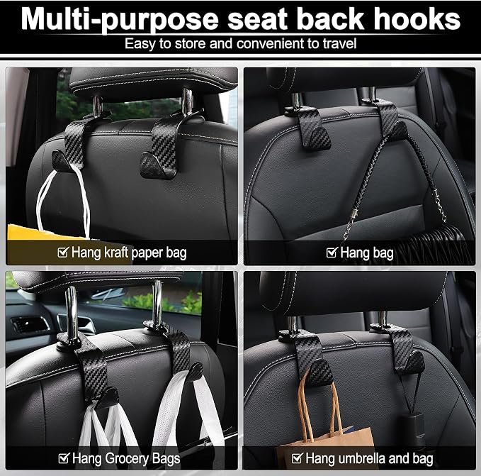 Car Purse Hook, 4 Pack Universal Auto Seat Headrest Hook Hangers Organizer for Coats, Umbrellas, Groceries - Carbon Fiber Black | Universal
