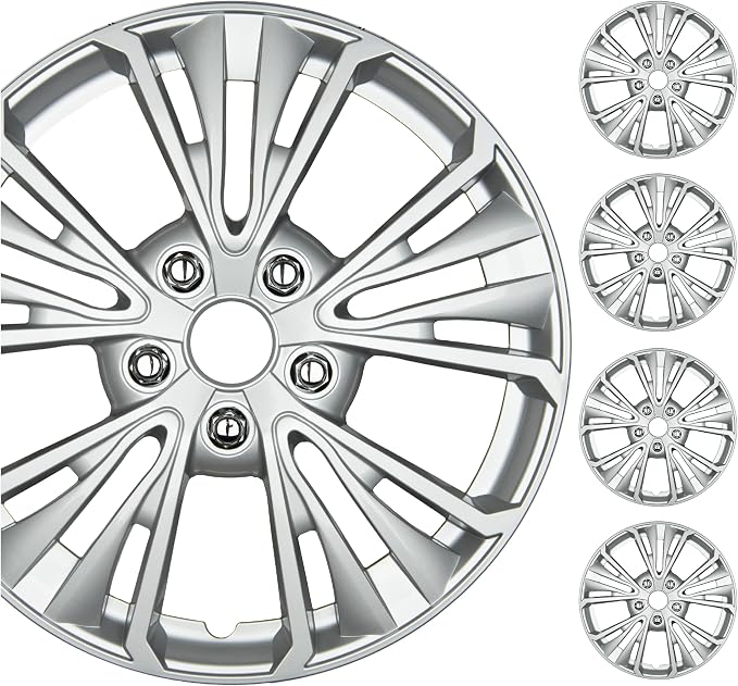 16 Inch Hubcaps Set of 4 – OEM Replacement Snap-On Wheel Rim Covers - Universal Fit Car Wheel Cover for Cars, Trucks, SUV, Vans Durable ABS 5-Spoke Silver Hub-Cap Car Accessories Exterior
