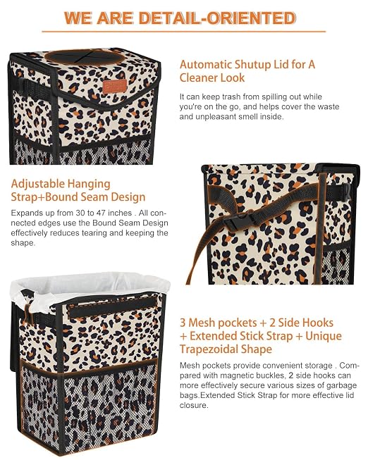 Car Trash Can with Lid, Cute Leakproof Car Trash Garbage Bag Hanging Vehicle Trash Bin Small Portable Automotive Garbage Cans Organizer for Back/Front Seat/Console(2.8 gal,Leopard