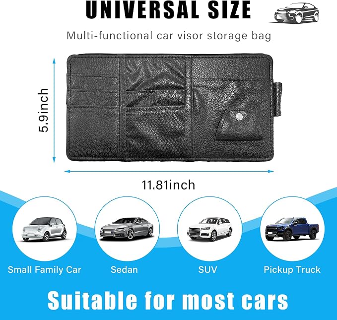 Car Sun Visor Organizer, Leather Personal Belonging Storage Pouch with Zipper, Car Visor Storage Pouch Sunglasses Holder, Auto Interior Accessories Pocket Organizers (Black)