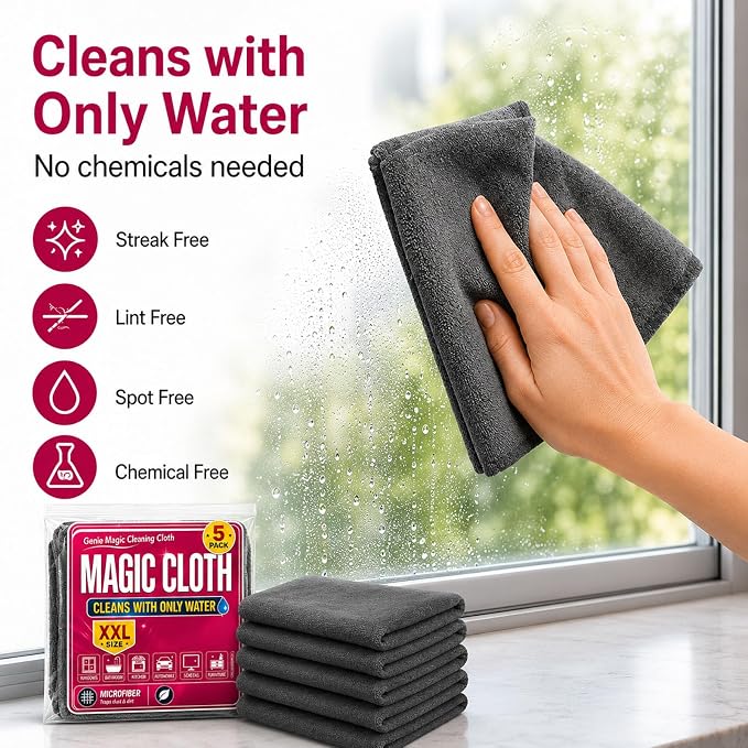 Genie Magic Cleaning Cloth 5 Pack, XXL Microfiber Magic Cloth for Stainless Steel, Glass, Mirrors, Windows, Kitchen, Bathroom, Car & Screens, Reusable Lint Free Streak Free Cleaning Towels (15 PCS)