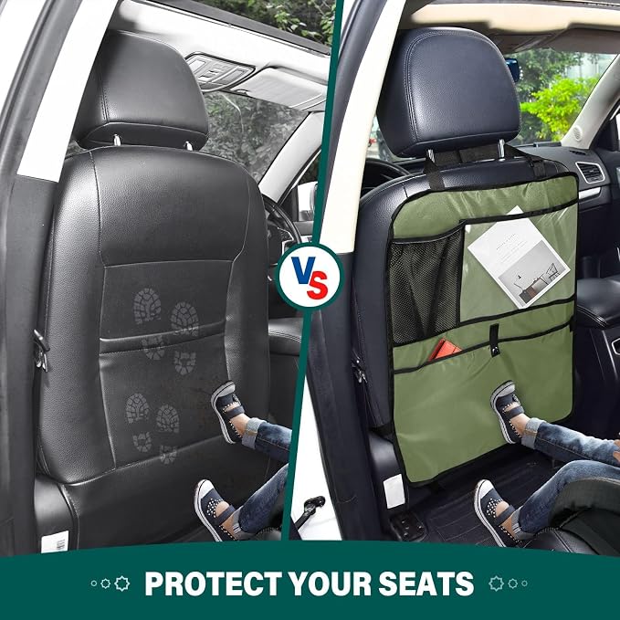 Dark Green Car Seat Organizer for Kids Backseat Kick Mat with Adjustable Strap Backseat Protector for SUV Vehicle Cars 2 Pcs