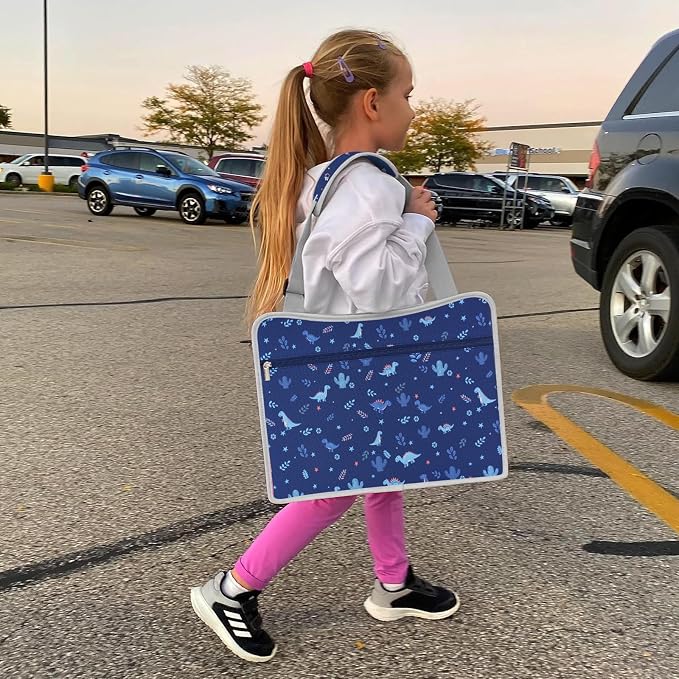Kids Travel Tray for Toddler Car Seat, Road Trip Essential Lap Tray | Toddler Gift for Boy Activities with Dry Erase Board, iPad Holder Stand, Cooler Cup Holder & Adjustable Strap, Dark Blue