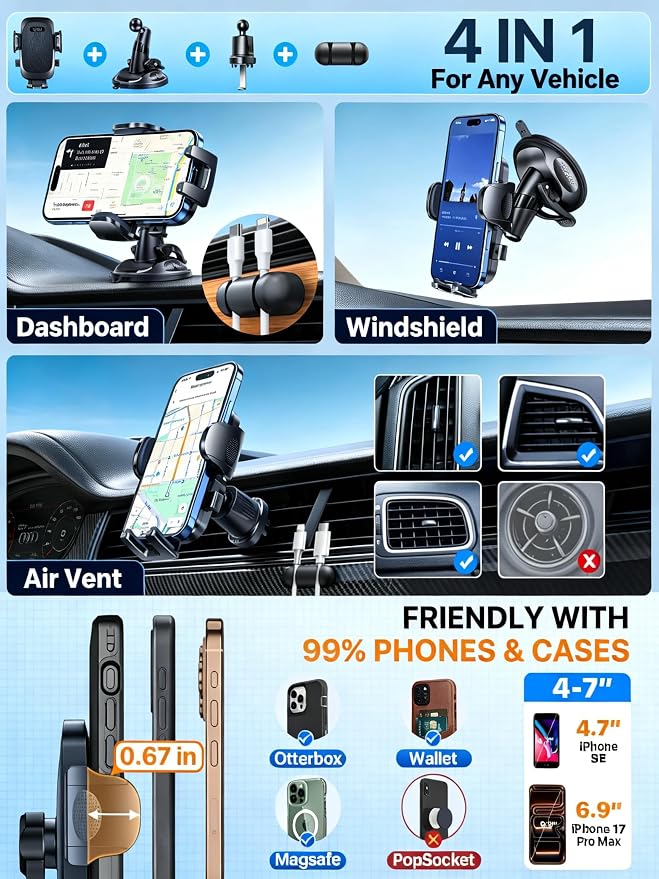[Military-Grade Anti-Shake & 360° Rotatable Suction] 2026 Upgraded Car Phone Holder Mount【90+LBS Safest Strongest & Patent Cert】Dashboard Windshield Vent for iPhone 17 16 Pro Max Samsung, Jet Black