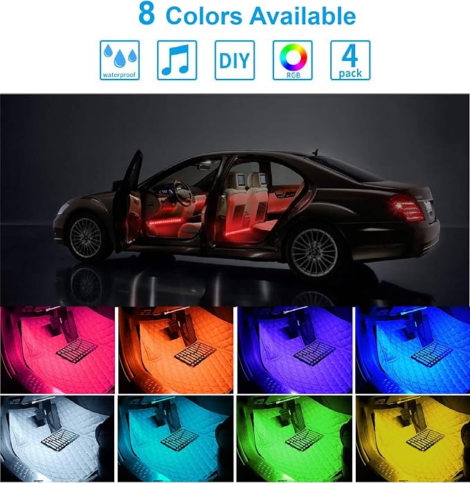 Led Interior Car Lights, Controller Led Lights for Cars, Multicolor Music Underglow Lighting Kits with Wireless Control and Sound Active Function, 4pcs 48 USB LED Interior Lights, DC 5V