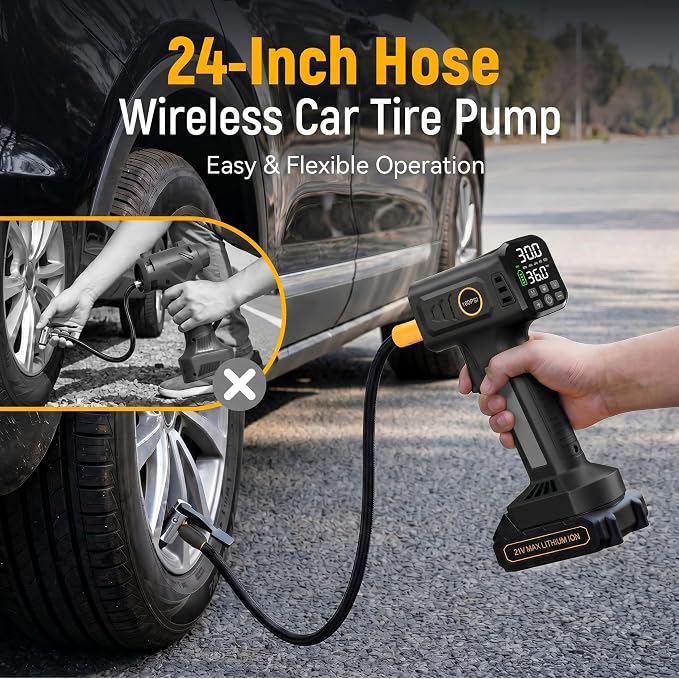 21V Cordless Portable Tire Inflator – Fast Inflation, 160PSI Air Compressor, Rechargeable Battery & 12V Car Adapter, Digital Pressure Gauge, Air Pump for Car, SUV, Motorcycle, Bike, Ball