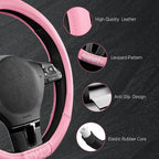 Steering Wheel Cover - Flat Bottom Wheel Cover Made with PVC Leather and Leopard Fabric - Universal Fit for 15-Inch D-Shaped Automotive Steering Wheels (All Pink)