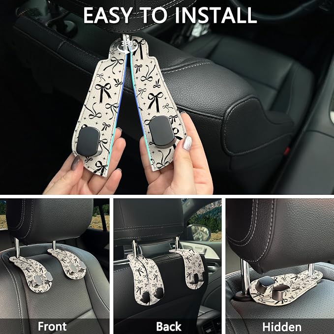 2PCS Car Hooks for Purses Bags, Cute Black Ribbon Bow Seat Back Storage Headrest Holder Hanger PU Leather Double Metal Backseat Organizer, Women Car Accessories Organization