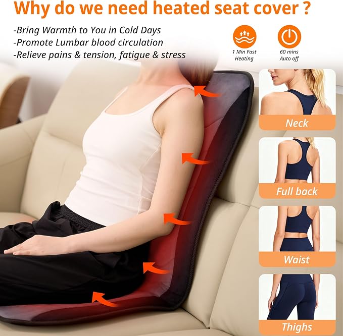 Heated Seat Cover with Fast Heat & Plush Fabric | Longer Size and Expanded Heating Area to Relieve Fatigue for Office & Home