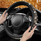 Bling Diamond Steering Wheel Cover Leopard Pattern, Sparkly Crystal Glitter Rhinestones Black Leather Wheel Protect for Women Girl Fit Suvs,Vans,Sedans,Cars,Trucks, 14" 1/2-15" Gold Leopard