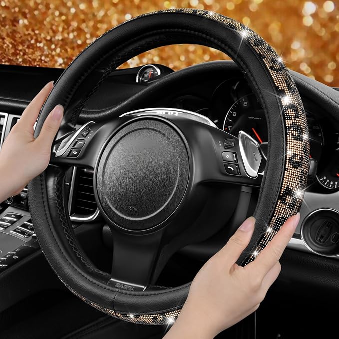 Bling Diamond Steering Wheel Cover Leopard Pattern, Sparkly Crystal Glitter Rhinestones Black Leather Wheel Protect for Women Girl Fit Suvs,Vans,Sedans,Cars,Trucks, 14" 1/2-15" Gold Leopard