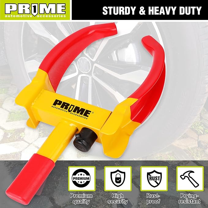 PR1ME Heavy Duty Wheel Lock Clamp with 2 Keys, Universal Anti Theft Trailer Wheel Lock for Cars SUV RV ATV Motorcycles &Golf Cart,High-Strength Carbon Steel with Soft PVC Coating,Fits 7" to 10.6" Tire