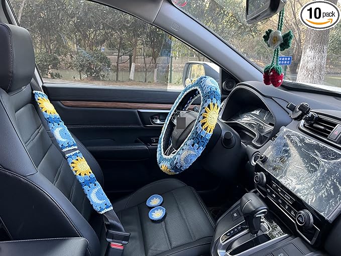 Handmade Crochet Sun and Moon Car Steering Wheel Covers Universal 14-15 inch for Women and Men (Wheel Covers+2belt Covers+2Car Coasters+Strawberry)