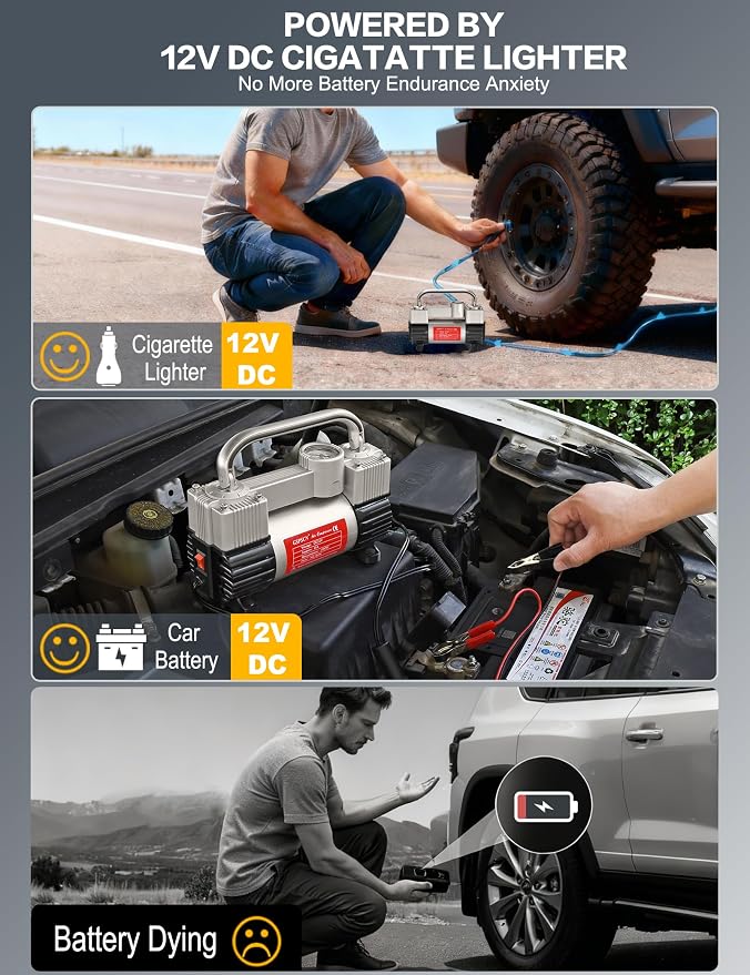 12V Heavy Duty Tire Inflator Metal Portable Air Compressor Pump | 6X Faster Inflation Dual Cylinders 150PSI Air Pump with Adapter for Car, RV,Pickup Truck, SUV, Van,Camper, Air Bed,Ball