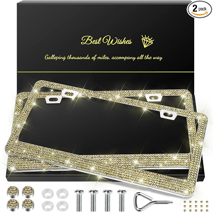 2 Pack Bling License Plate Frames for Women, Sparkly Rhinestone Diamond Car Accessories with Glitter Crystal Caps (Gold)