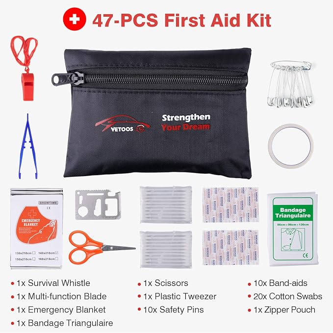 Car Roadside Emergency Kit with Jumper Cables, Auto Vehicle Safety Road Side Assistance Kits, Winter Car Kit for Women and Men, with Portable Air Compressor, Tow Rope, Multitool Plier