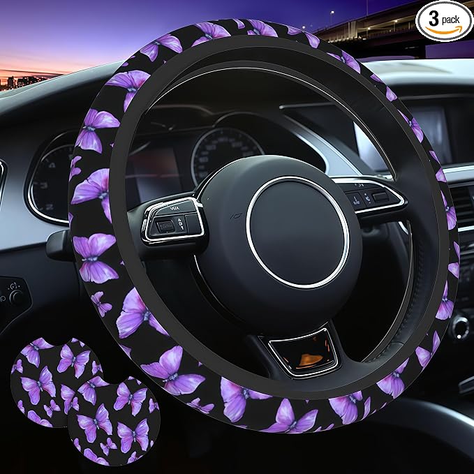 Butterfly Purple Steering Wheel Cover +2Pc Car Coasters Universal 15In | Beauty Butterfly Breathable Anti-Slip Car Suitable for Men Women