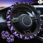 Butterfly Purple Steering Wheel Cover +2Pc Car Coasters Universal 15In | Beauty Butterfly Breathable Anti-Slip Car Suitable for Men Women