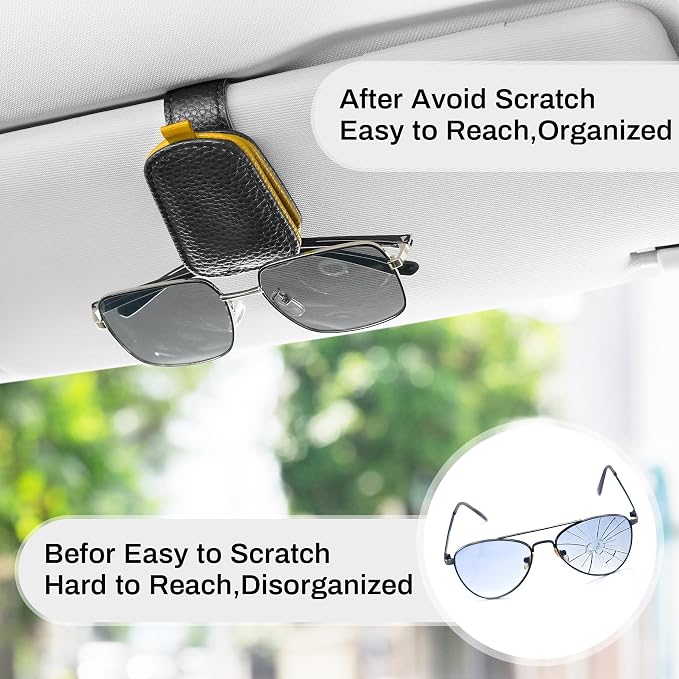 Sunglasses Holder for Car, Leather Magnetic Buckle Sun Visor Sunglass Clip, Ticket Card Storage Glasses Clip, Car Interior Accessories for Men and Women（Black-Yellow）