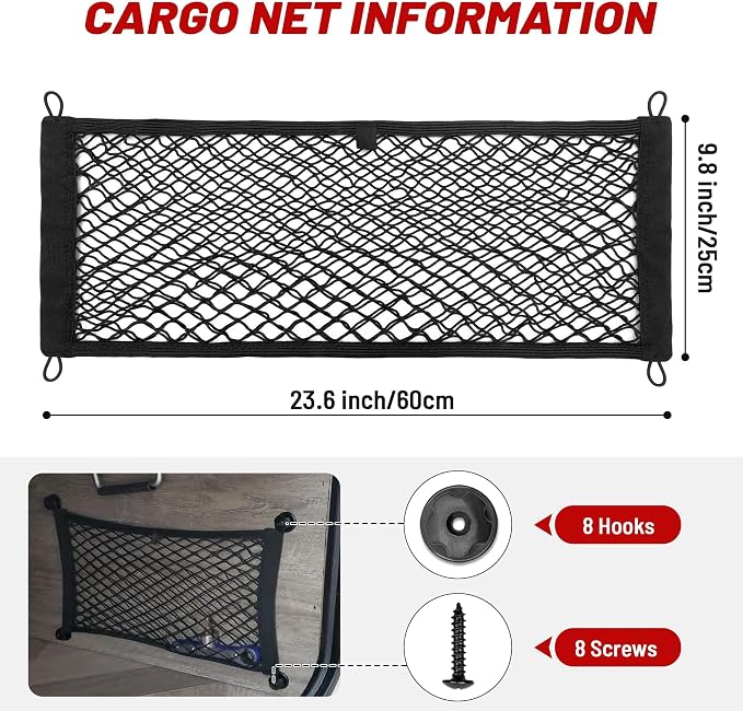 2 Pcs Universal Elastic Mesh Netting Car Pouch for Trunk RV Boats Home Cargo Storage with Screws and Hooks (23.6'' x 9.8'')