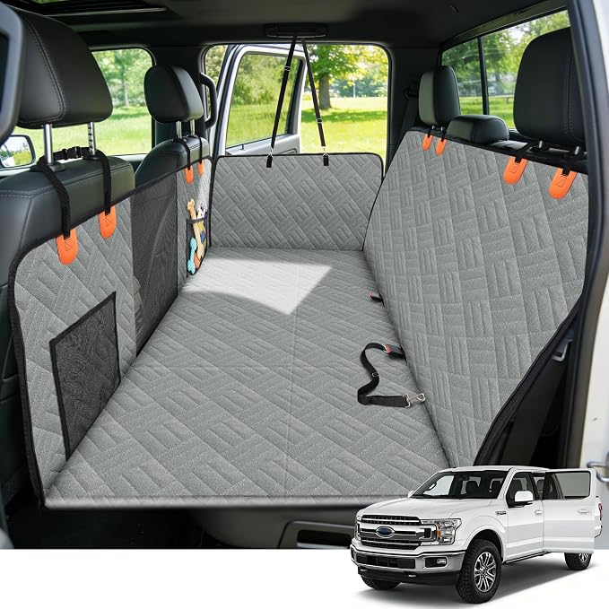 Dog Seat Cover Hard Bottom, 3-Section Design for Full-Size Trucks & SUVs, Waterproof & Nonslip Car Hammock for Large Dogs, Pet Truck Extender Cover, Spacious Space(+ 45%) Grey