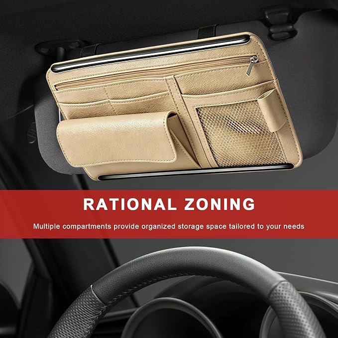 Car Sun Visor Organizer, Scratch-Resistant Auto Visor Glasses Storage Bag with Multi-Pocket Net Zipper, Waterproof Leather Sunshade Organizer Card Holder for Most Vehicles (Beige)