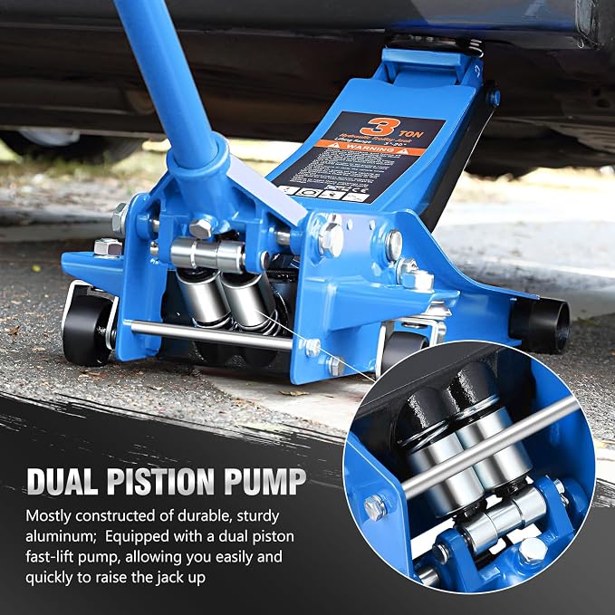 DNA Motoring Low Profile Hydraulic Trolley Service/Floor Jack, 3 Ton (6000 lbs) Capacity, Lifting Range 3"-20", Blue, TOOLS-00475
