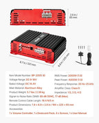 Monoblock Car Amplifier, 2000W RMS MAX, 1/2/4 Ohm Stable, 1-Channel Class D Car Audio Amplifier with Remote Subwoofer Level Control, Low Pass Filter and Bass Boost, Volume Controller Included