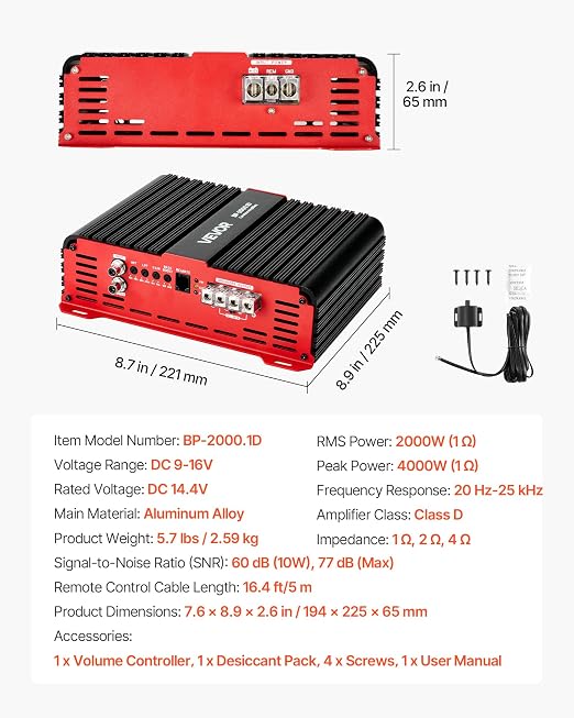 Monoblock Car Amplifier, 2000W RMS MAX, 1/2/4 Ohm Stable, 1-Channel Class D Car Audio Amplifier with Remote Subwoofer Level Control, Low Pass Filter and Bass Boost, Volume Controller Included