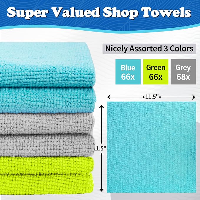 Shop Towels, Microfiber Cleaning Cloth Bulk, 200 Pack Microfiber Towels for Cars, All-Purpose Absorbent Cleaning Rags, Dust Cloth for Automotive, Mechanic, Garage, Bar, 11.5 x 11.5 inch