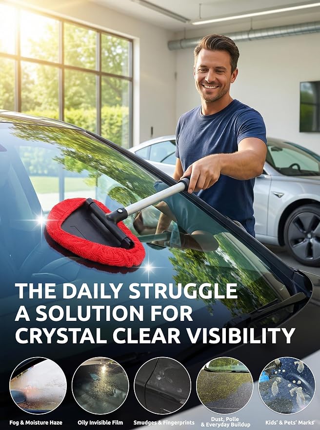 Window & Windshield Cleaner, Extendable, 3 Microfiber Pads (Red) | Pivoting Triangle Head Wiper Cleans Interior & Exterior Glass, 3 Washable Reusable Bonnets, Lint-Free