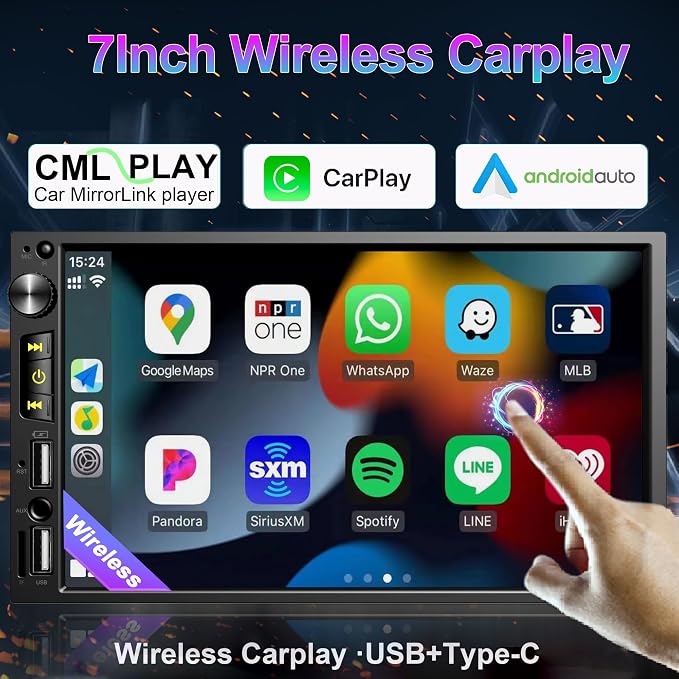 7 inch Double Din Car Stereo with Wireless Apple CarPlay, Android Auto Car Radio, Bluetooth 5.2, IPS 1024 * 600 Touchscreen, Backup Camera, FM Radio,Dual USB/Fast Charging/Subwoofer/Car Play