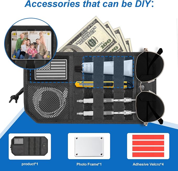 Car Sun Visor Organizer,Truck Accessories with Photo Frame & Zippered Pocket, Universal Visor Organizer Bag with Acrylic Window, Fits Most Cars for Storage